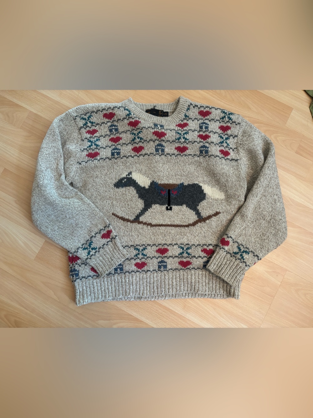 Eddie Bauer Gray Rocking Horse Crewneck Sweater with Red Accents